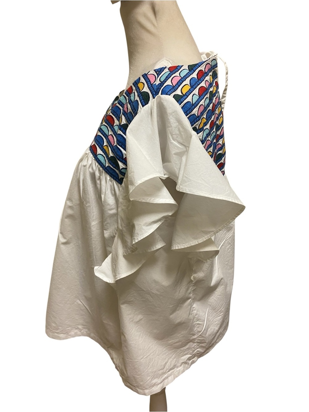 WHIT TWO Anthropologie Embroidered Flutter Sleeve Top White Rainbow Yoke Size LP - Picture 10 of 16